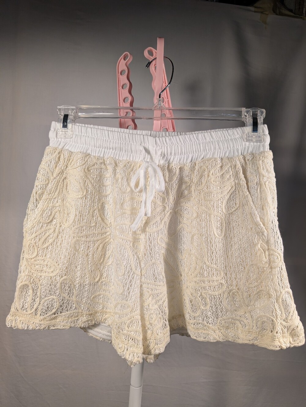 Ivory Crochet Lace Floral Drawstring Shorts Large Boho Beach